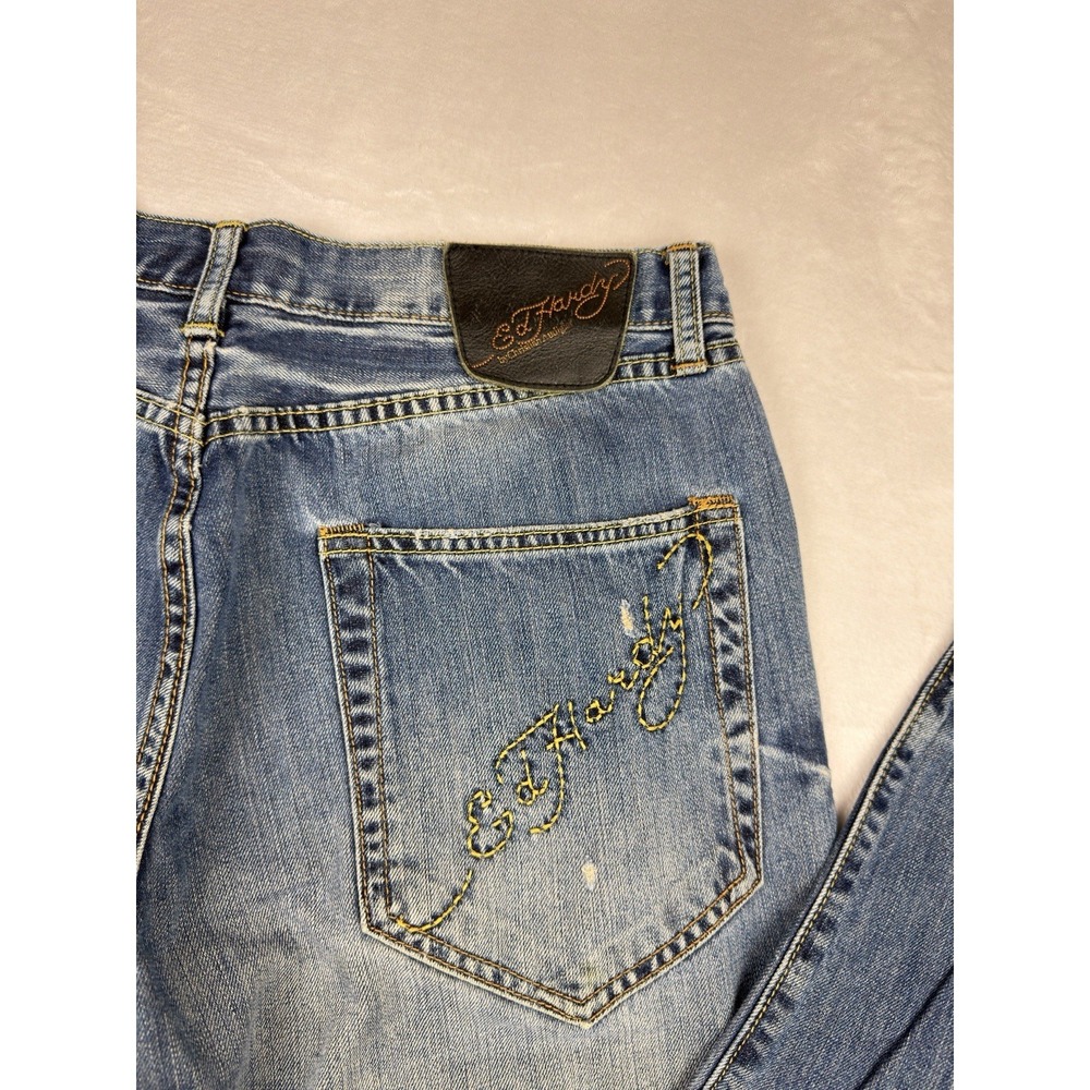Ed Hardy Christian Audigier Straight Jeans Mens 34x33 Distressed Denim Blue
